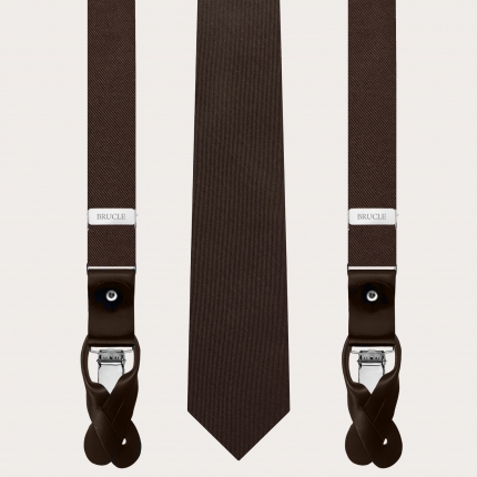 Elegant set of thin suspenders and necktie in brown silk