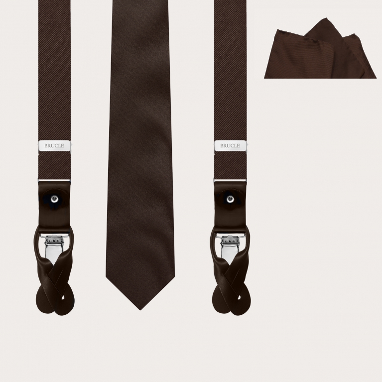 Set completo di bretelle sottili, cravatta e fazzoletto da taschino in seta marrone