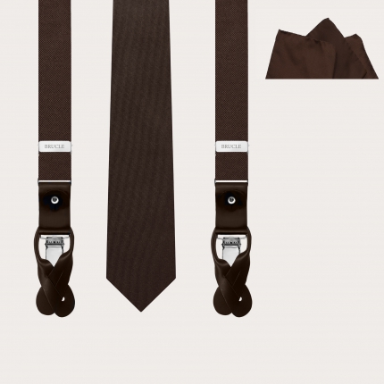 Set completo di bretelle sottili, cravatta e fazzoletto da taschino in seta marrone