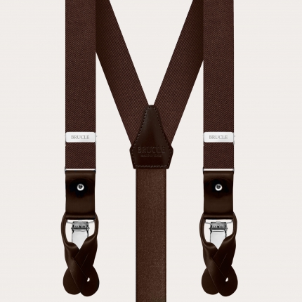 Complete set of thin suspenders, tie and pocket square in brown silk