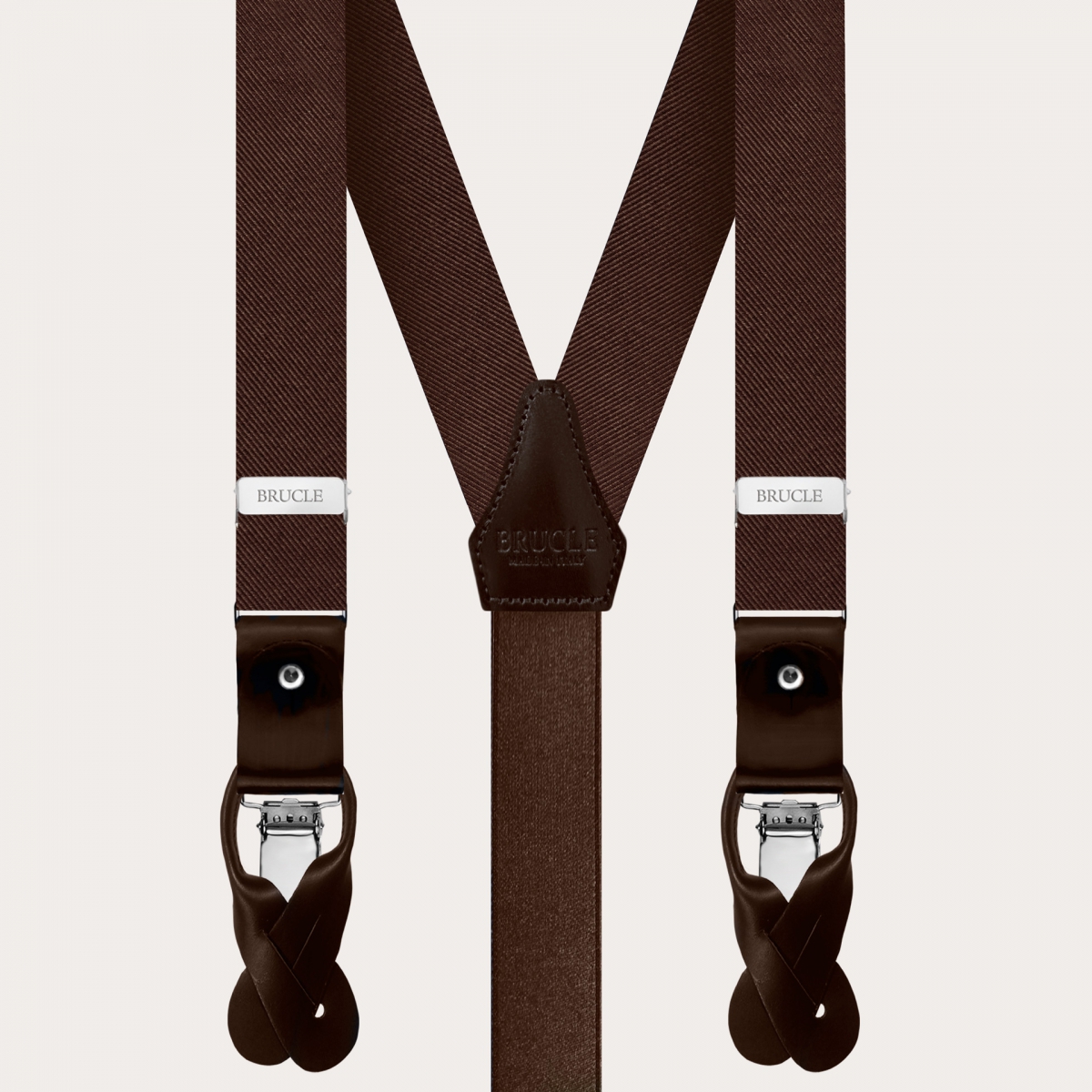 BRUCLE Complete set of thin suspenders, tie and pocket square in brown silk