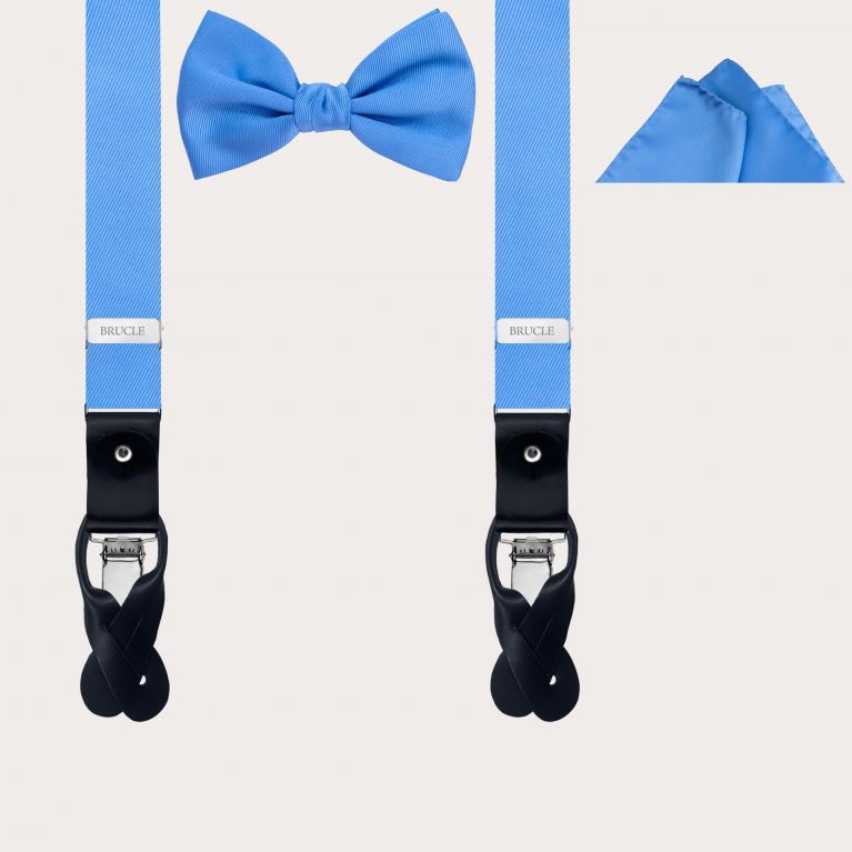 Elegante set di bretelle sottili, papillon e pochette in seta azzurra