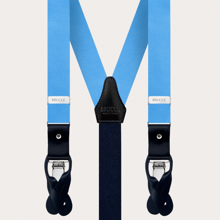 Elegant set of thin suspenders, bow tie and pochette in light blue silk