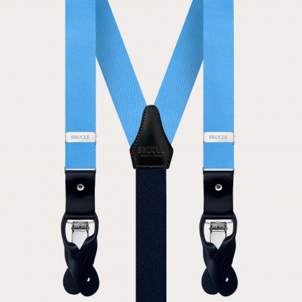 Elegant set of thin suspenders, bow tie and pochette in light blue silk