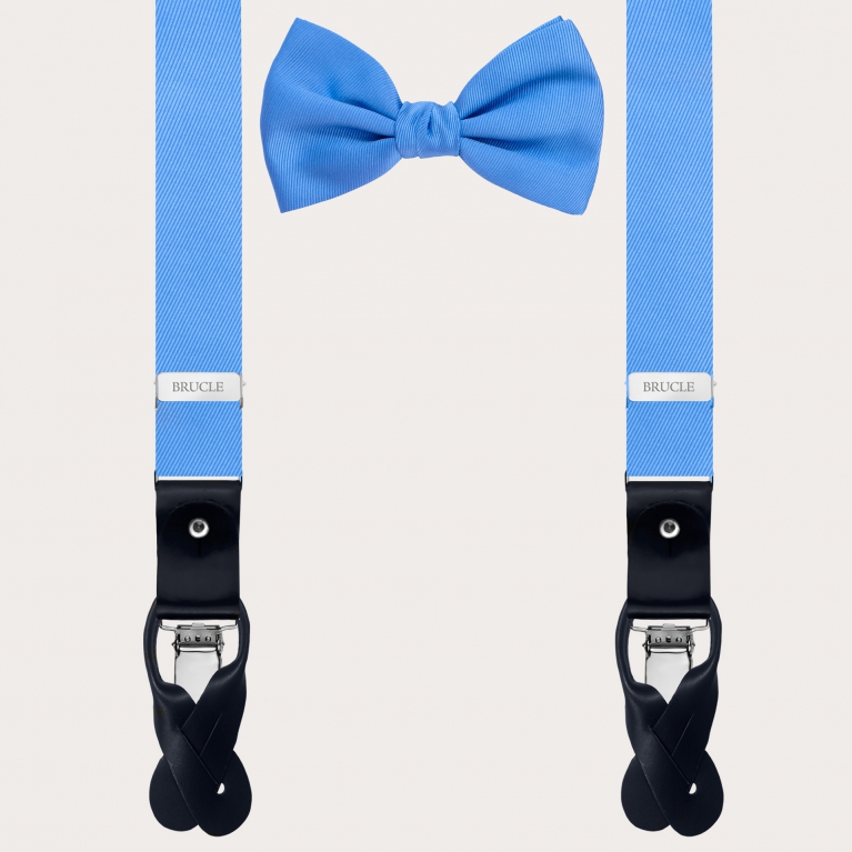 Thin suspenders and bow tie, coordinated set in light blue silk