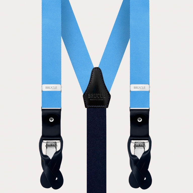 Thin suspenders and bow tie, coordinated set in light blue silk