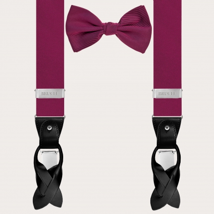 Elegant coordinated set of suspenders and bow tie in fuchsia silk