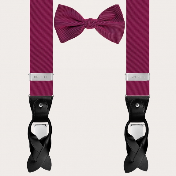 BRUCLE Elegant coordinated set of suspenders and bow tie in fuchsia silk