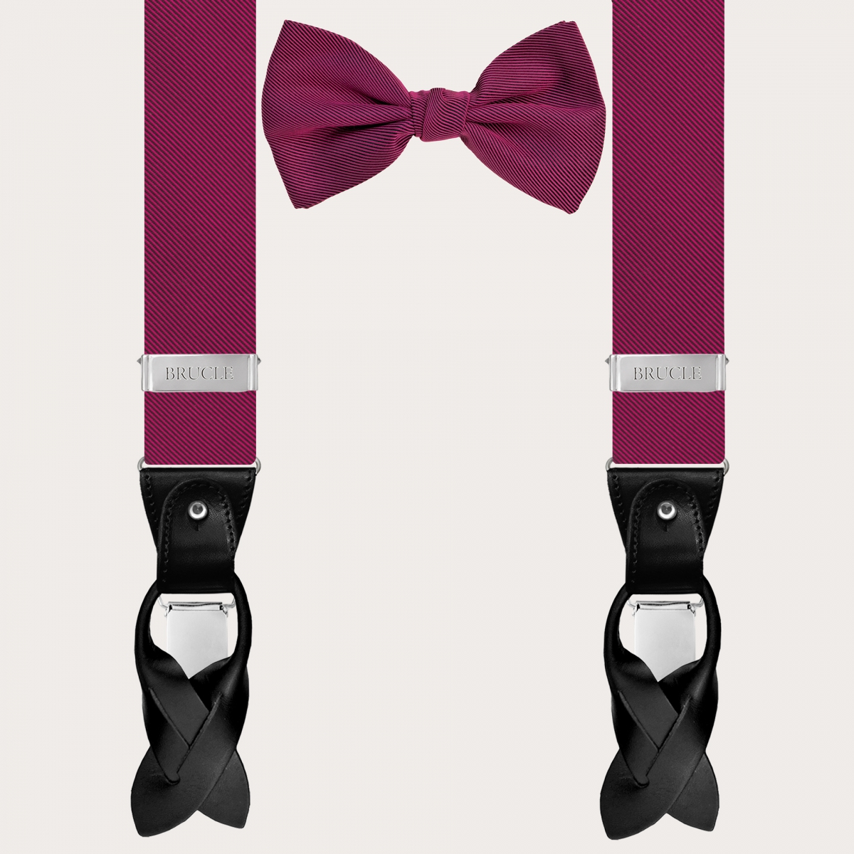 BRUCLE Elegant coordinated set of suspenders and bow tie in fuchsia silk