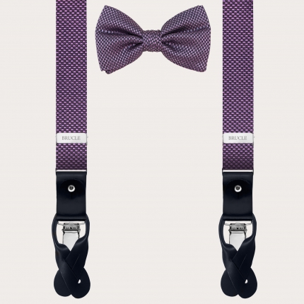 Thin suspenders and bow tie, coordinated in pink dotted silk