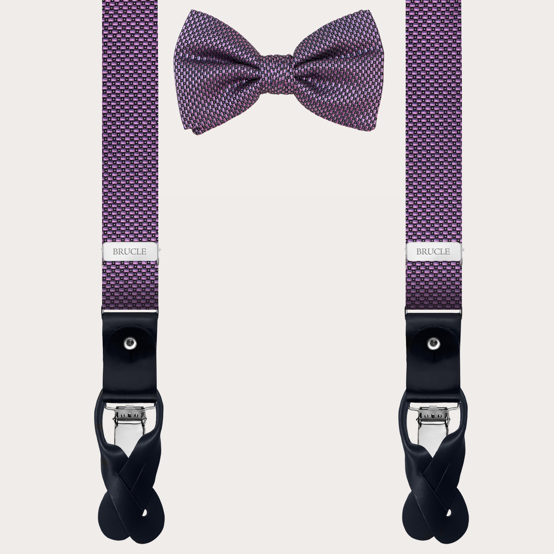 BRUCLE Thin suspenders and bow tie, coordinated in pink dotted silk