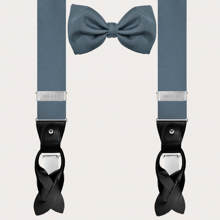 Elegant set of suspenders and bow tie in dusty blue color