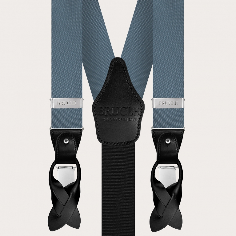 Elegant set of suspenders and bow tie in dusty blue color