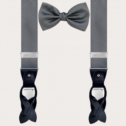 Abgestimmtes Set aus Hosenträgern und Fliege aus eleganter grauer gepunkteter Seide