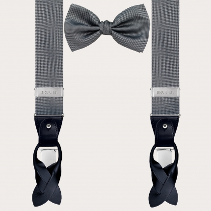 Coordinated set of suspenders and bow tie in elegant grey dotted silk