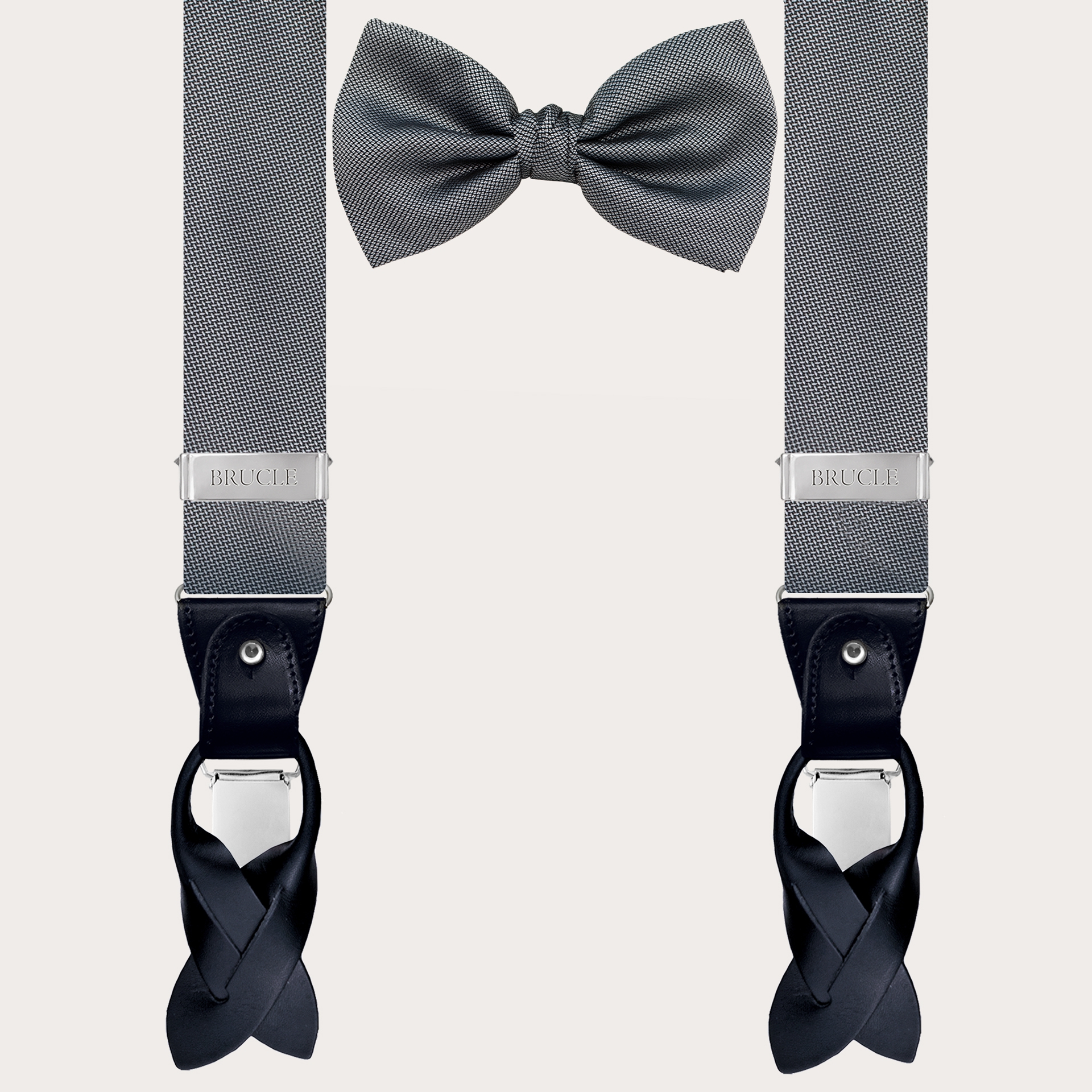BRUCLE Coordinated set of suspenders and bow tie in elegant grey dotted silk