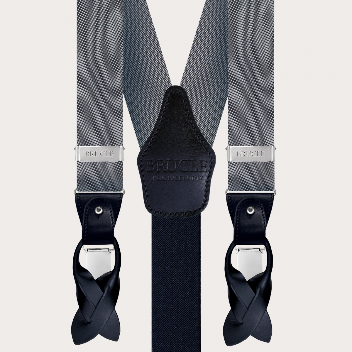 BRUCLE Coordinated set of suspenders and bow tie in elegant grey dotted silk
