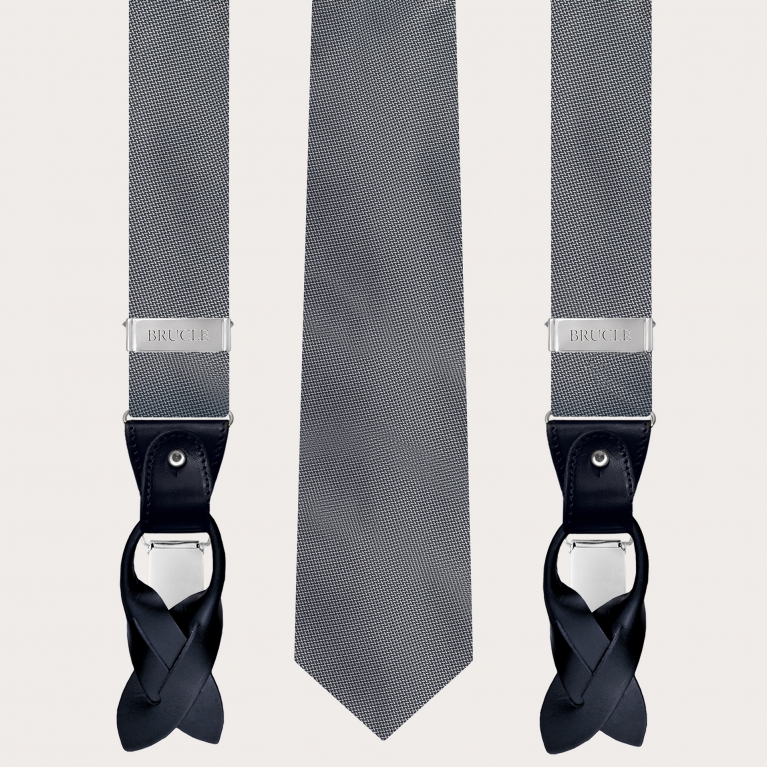 Ensemble coordonné bretelles et cravate en élégante soie à pois gris