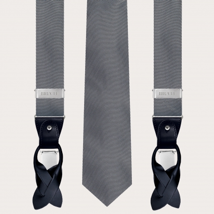 Coordinated set of suspenders and necktie in elegant grey dotted silk