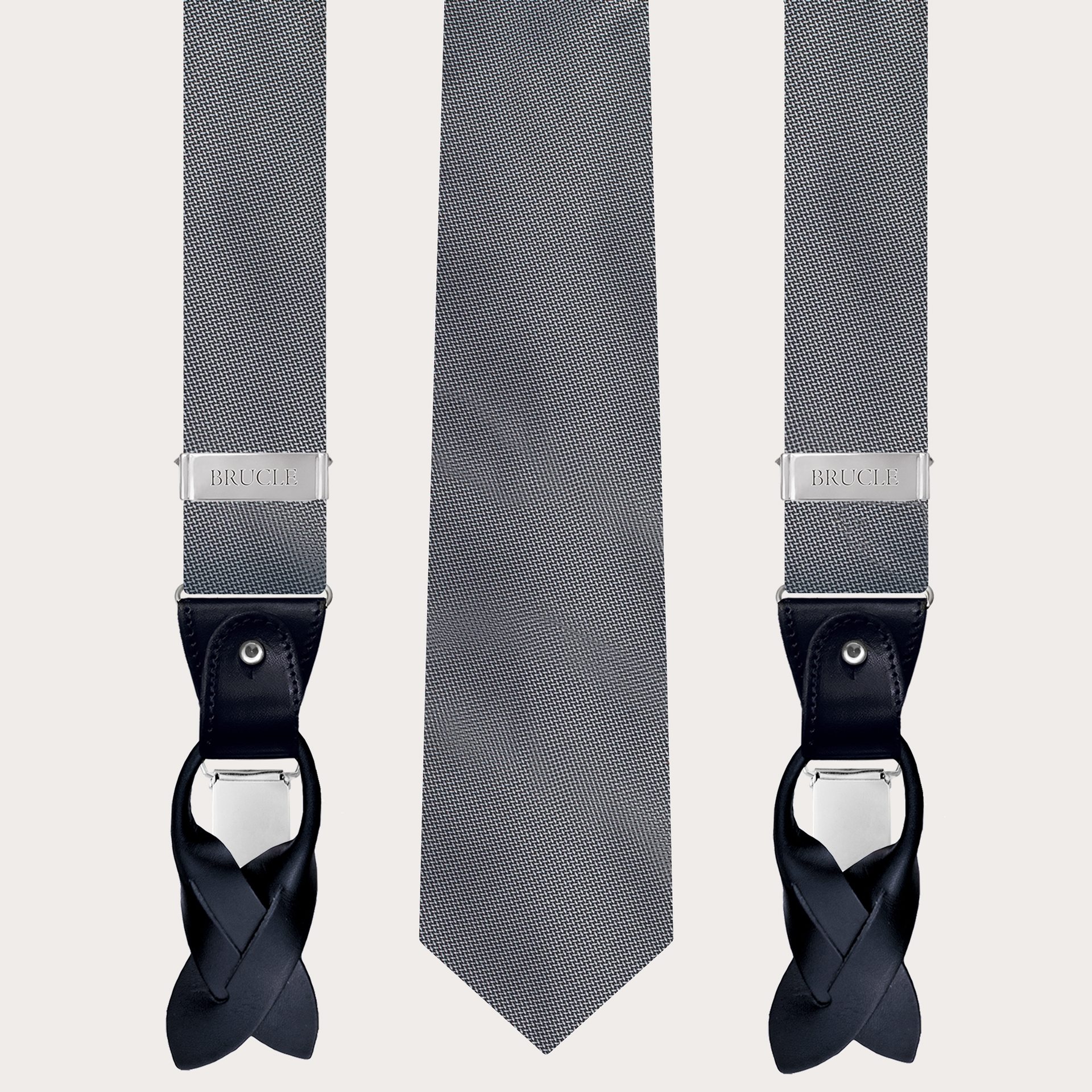 BRUCLE Coordinated set of suspenders and necktie in elegant grey dotted silk