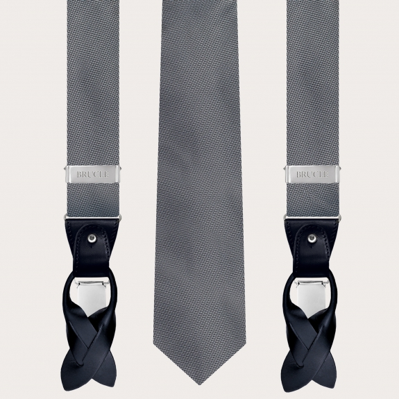 BRUCLE Ensemble coordonné bretelles et cravate en élégante soie à pois gris
