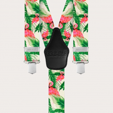 Satin-effect elastic suspenders, flamingo pattern