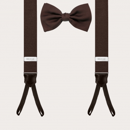 Dünne Hosenträger mit Knopflöchern und Fliege aus brauner Seide