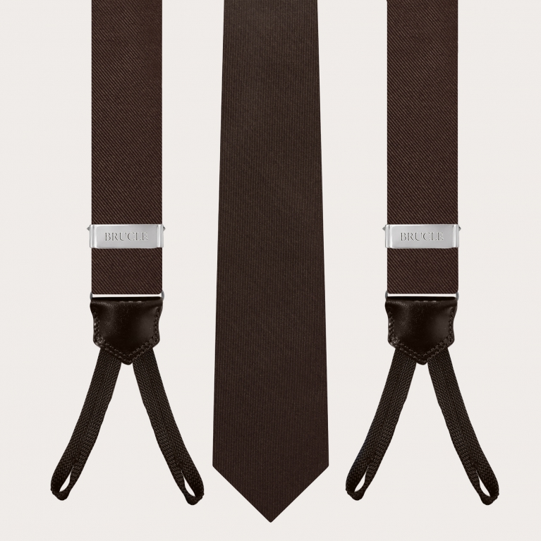 Set bretelle con asole e cravatta in seta marrone