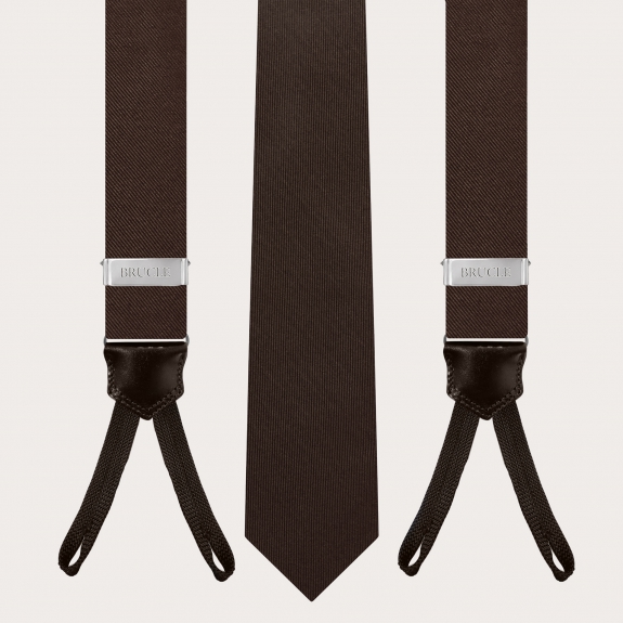 BRUCLE Suspenders with buttonholes and tie in brown silk