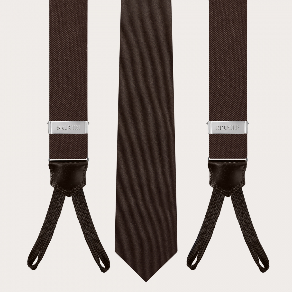 BRUCLE Hosenträger mit Knopflöchern und Krawatte aus brauner Seide