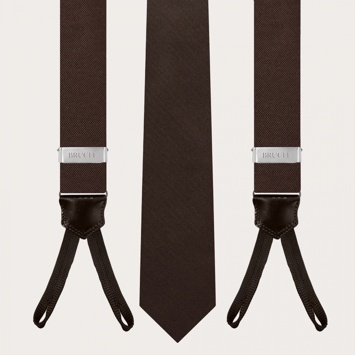 BRUCLE Suspenders with buttonholes and tie in brown silk