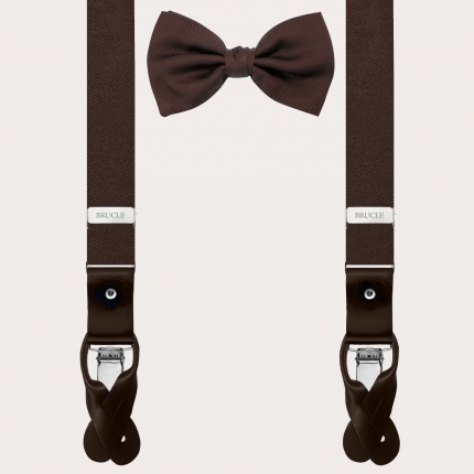 Thin suspenders and bow tie in brown silk