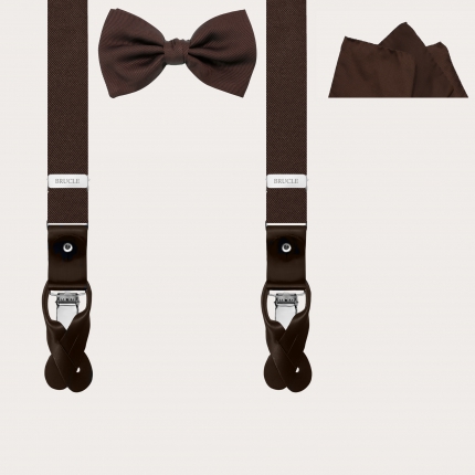 Thin suspenders, bow tie and pochette in brown silk