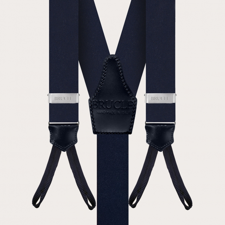 Hosenträger mit Knopflöchern und Krawattenset aus blauer Seide