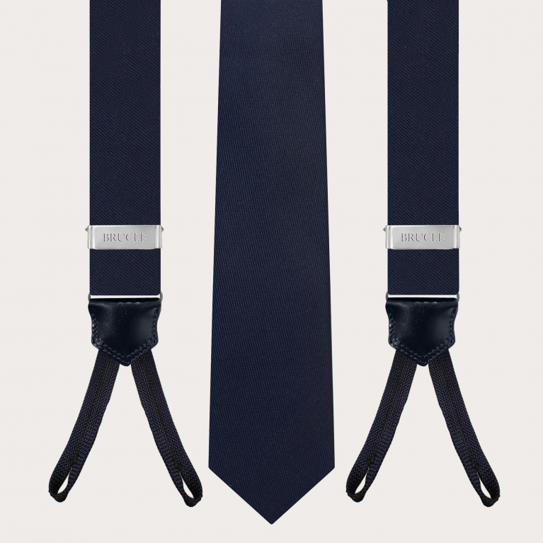 Suspenders with buttonholes and necktie set in blue silk