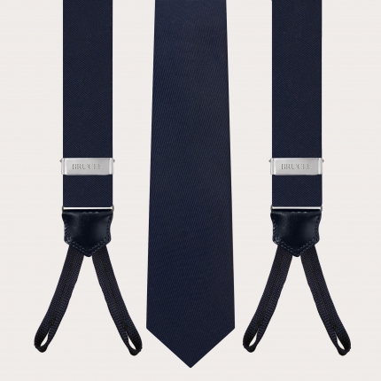 Conjunto de tirantes con ojales y corbata en seda azul