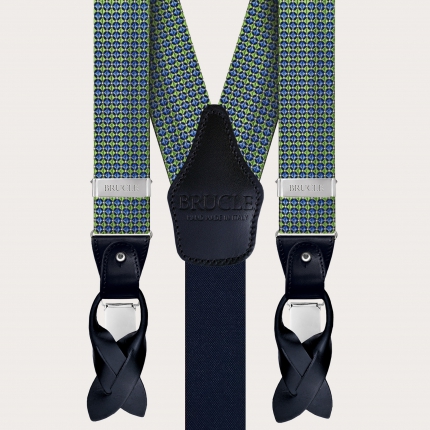 Elegant silk suspenders, green and blue pattern