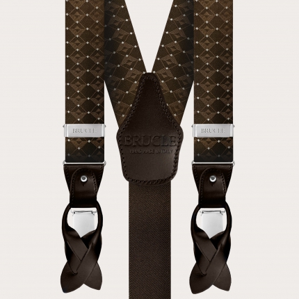 Raffinate bretelle in seta marrone con motivo geometrico tono su tono