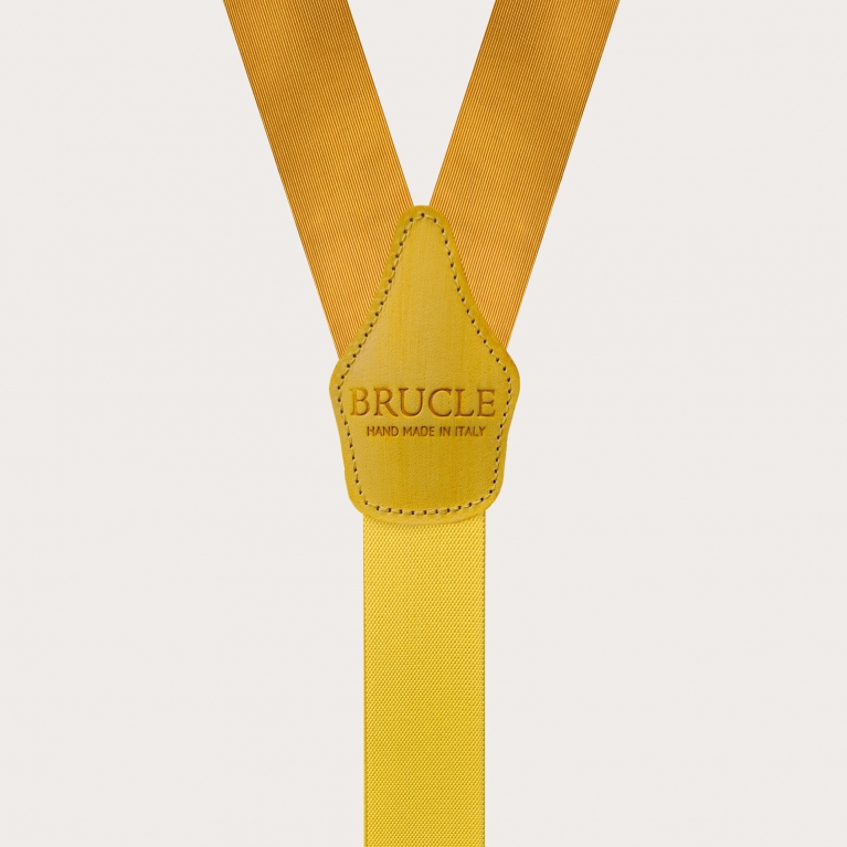 Raffinate bretelle in seta jacquard gialla con parti in pelle colorate a mano