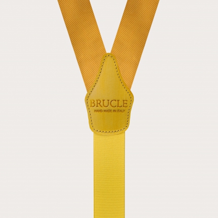 Refined suspenders in yellow jacquard silk with hand-colored leather parts