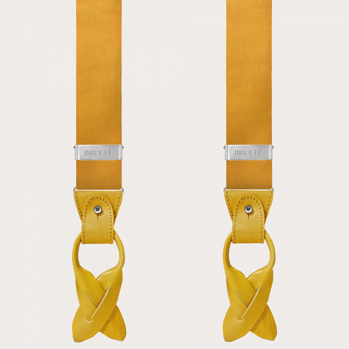 BRUCLE Raffinate bretelle in seta jacquard gialla con parti in pelle colorate a mano