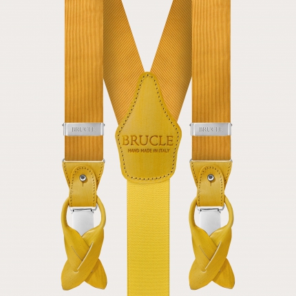 Raffinate bretelle in seta jacquard gialla con parti in pelle colorate a mano