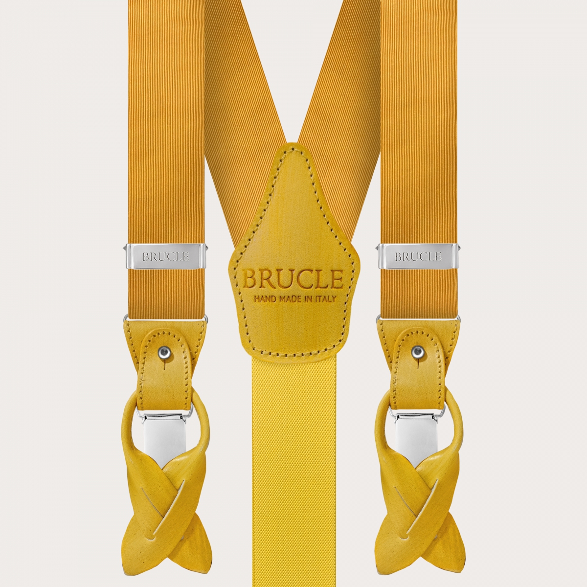BRUCLE Refined suspenders in yellow jacquard silk with hand-colored leather parts