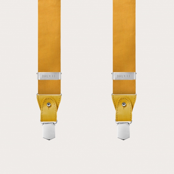 BRUCLE Raffinate bretelle in seta jacquard gialla con parti in pelle colorate a mano