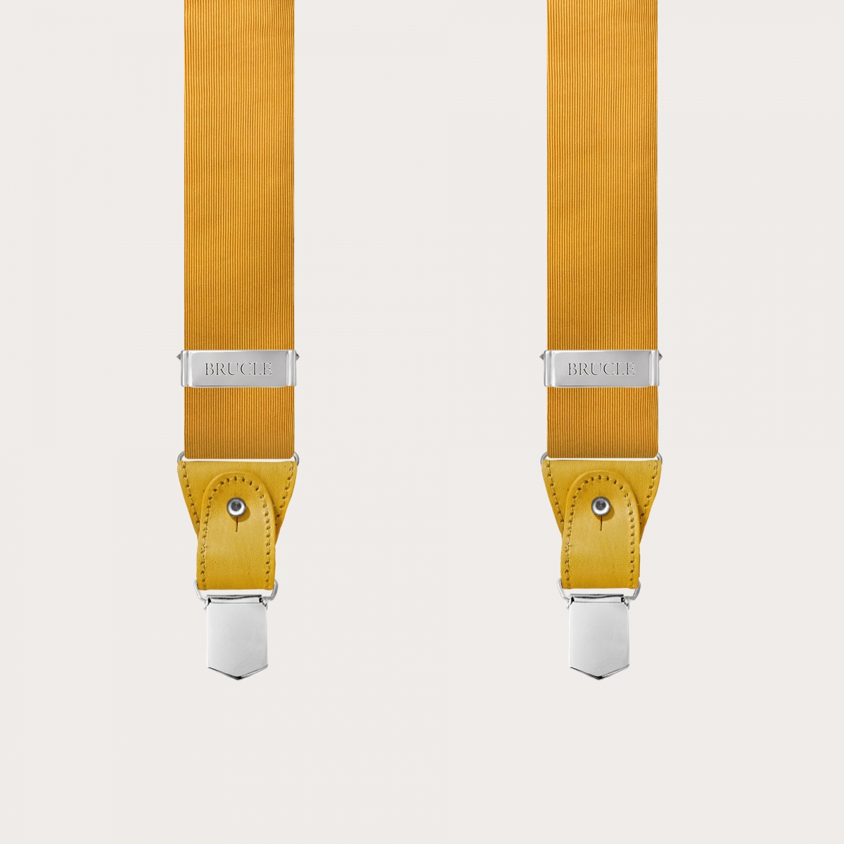 BRUCLE Bretelles raffinées en soie jacquard jaune avec parties en cuir colorées à la main