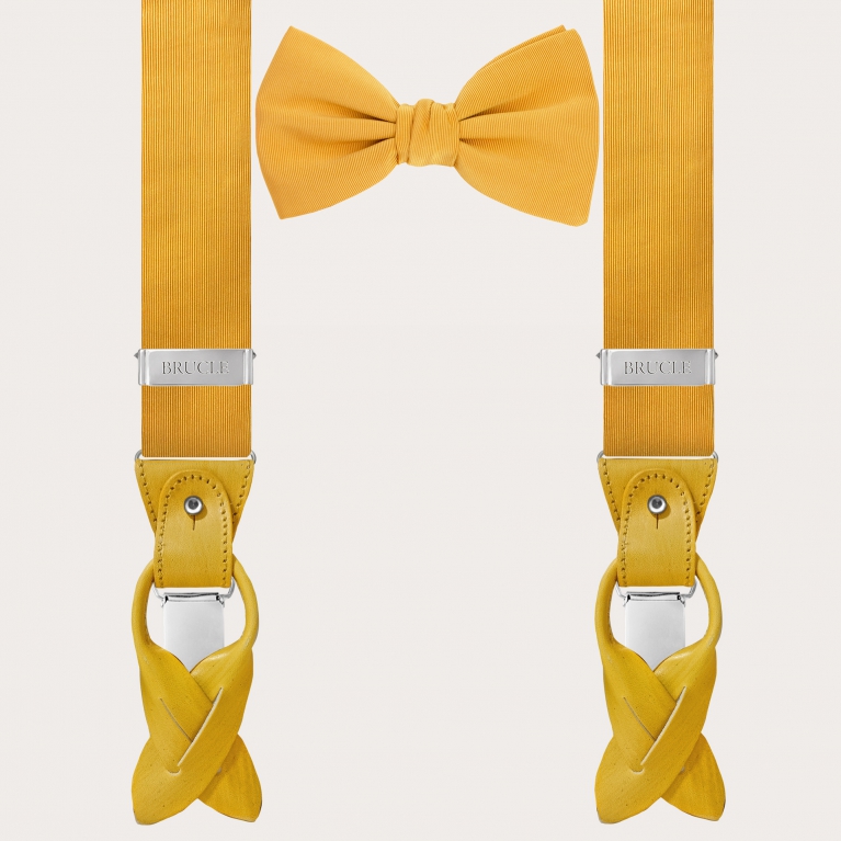 Elegante conjunto de tirantes y pajarita en seda, amarillo
