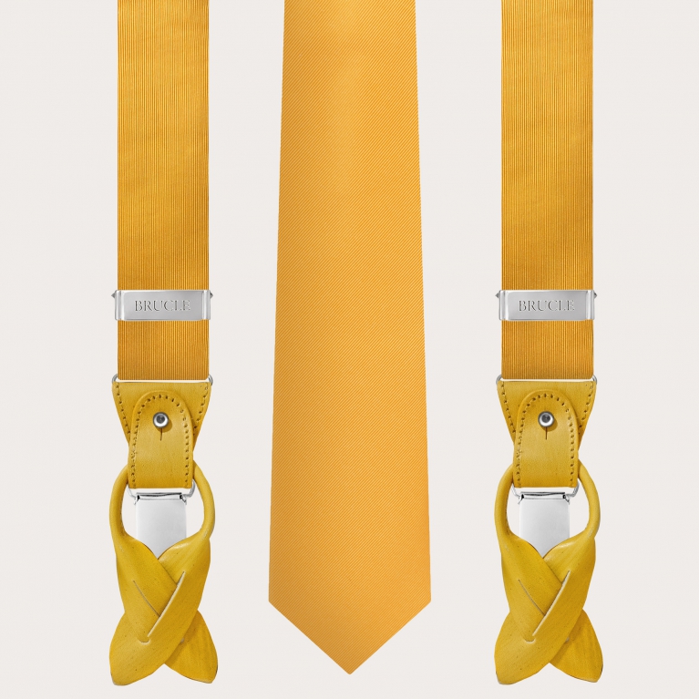 Elégant ensemble bretelles et cravate en soie, jaune