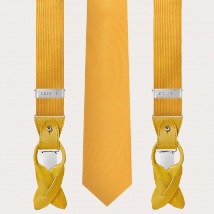 Elégant ensemble bretelles et cravate en soie, jaune