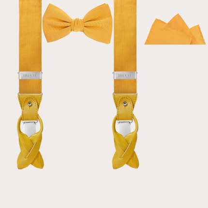 Elegant set of suspenders, bow tie and pocket square in silk, yellow