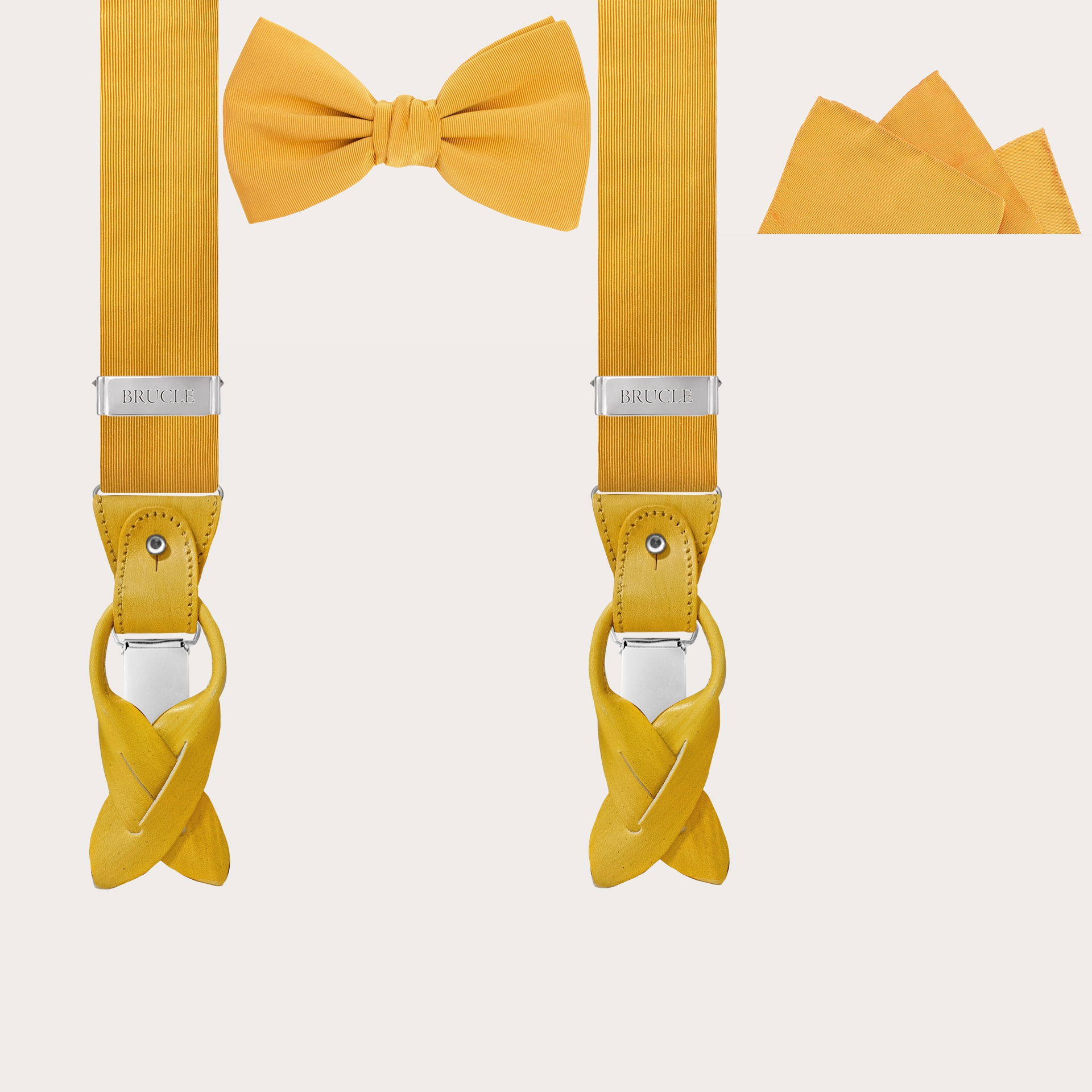 BRUCLE Elegant set of suspenders, bow tie and pocket square in silk, yellow